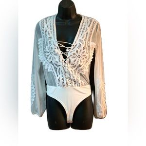 Hot & Delicious Body Suit. Size Med. White Sheer W LACE CROCHET. Excellent Con
